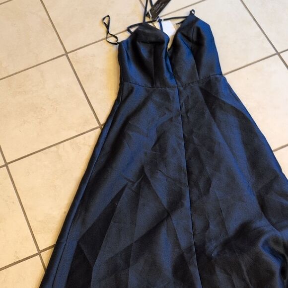 NWT Alfred Sung V-Neck Full Skirt Satin Maxi Dress Midnight Navy Blue Size 0 - Picture 2 of 13